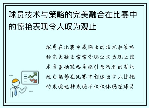 球员技术与策略的完美融合在比赛中的惊艳表现令人叹为观止