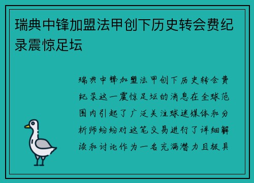 瑞典中锋加盟法甲创下历史转会费纪录震惊足坛